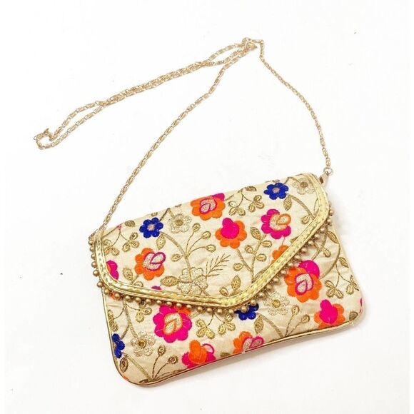 Handcrafted Floral Embroidered Gold Trim Chain Clutch Bag Handbag Crossbody - Picture 1 of 12
